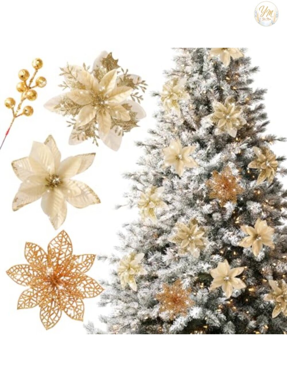 60pc Artificial Poinsettia Flowers Clips Berry Stems Christmas Tree Wreath Decor